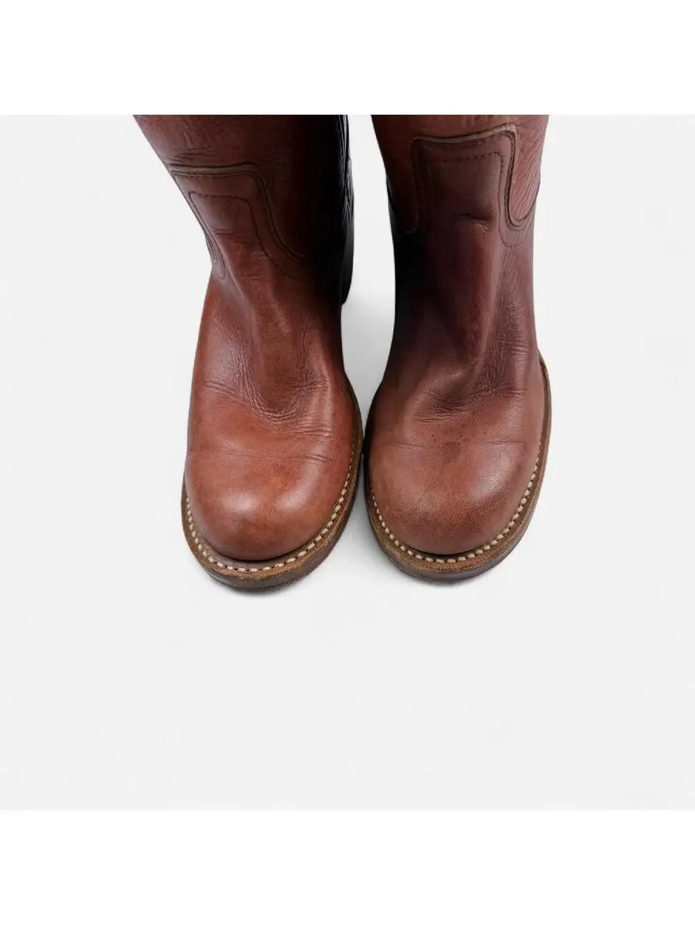 Frye 70s Campus Boots Tall Leather Stacked Heel in Cognac Brown